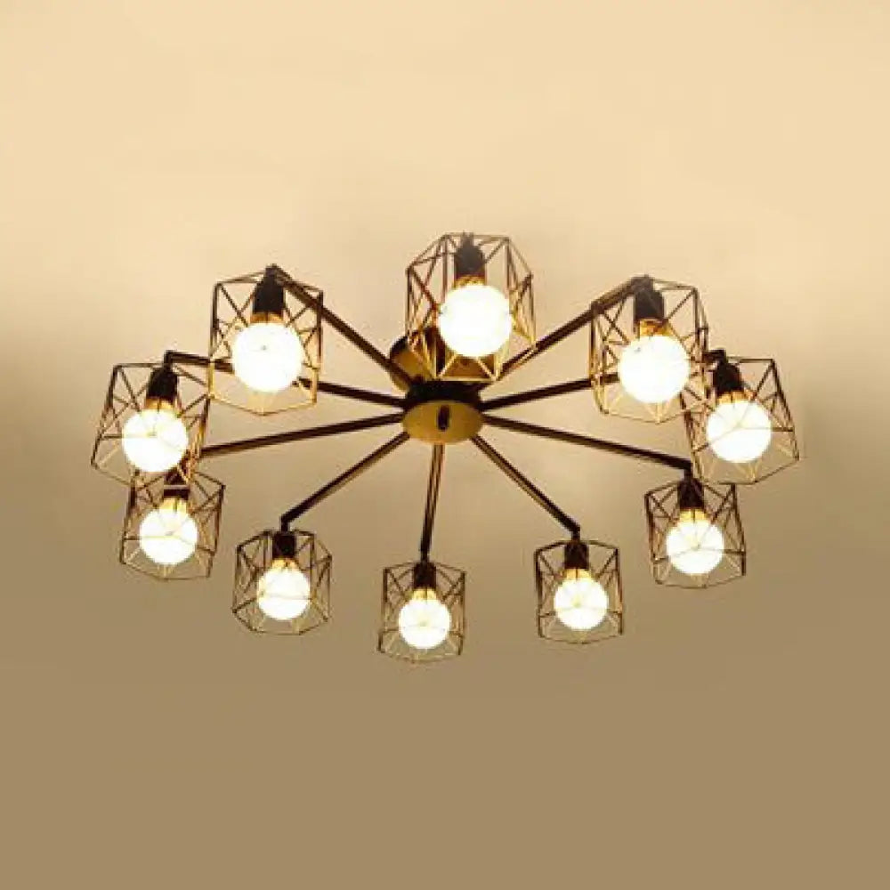 Hexagon Cage Metal Semi-Flush Mount Ceiling Light In Vintage Style - 6/8/10 Heads Black 10 /