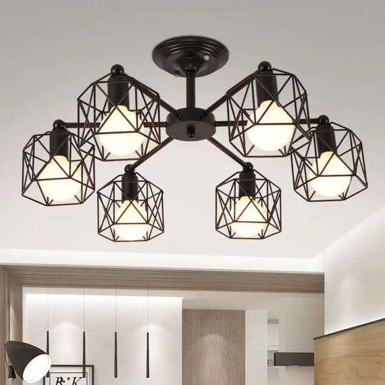 Hexagon Cage Metal Semi-Flush Mount Ceiling Light In Vintage Style - 6/8/10 Heads Black 6 /