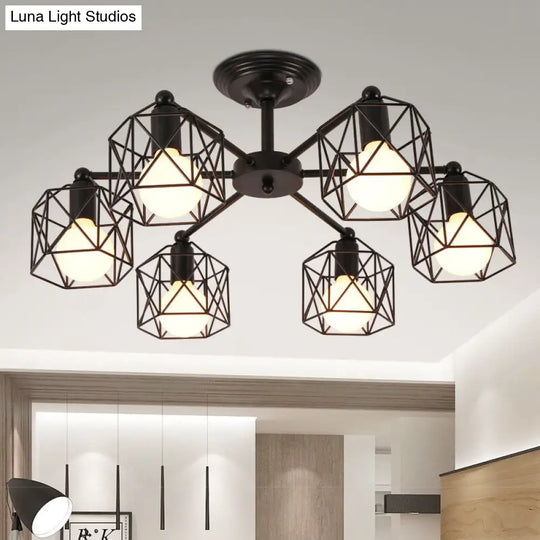 Hexagon Cage Metal Semi-Flush Mount Ceiling Light In Vintage Style - 6/8/10 Heads Black 6 /