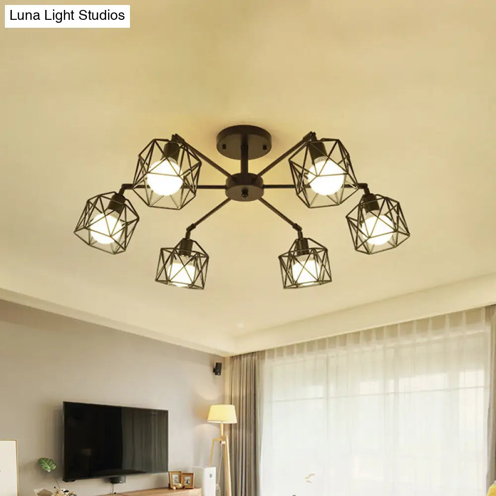 Hexagon Cage Metal Semi-Flush Mount Ceiling Light In Vintage Style - 6/8/10 Heads Black