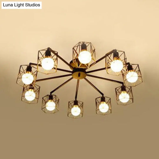 Hexagon Cage Metal Semi-Flush Mount Ceiling Light In Vintage Style - 6/8/10 Heads Black 10 /