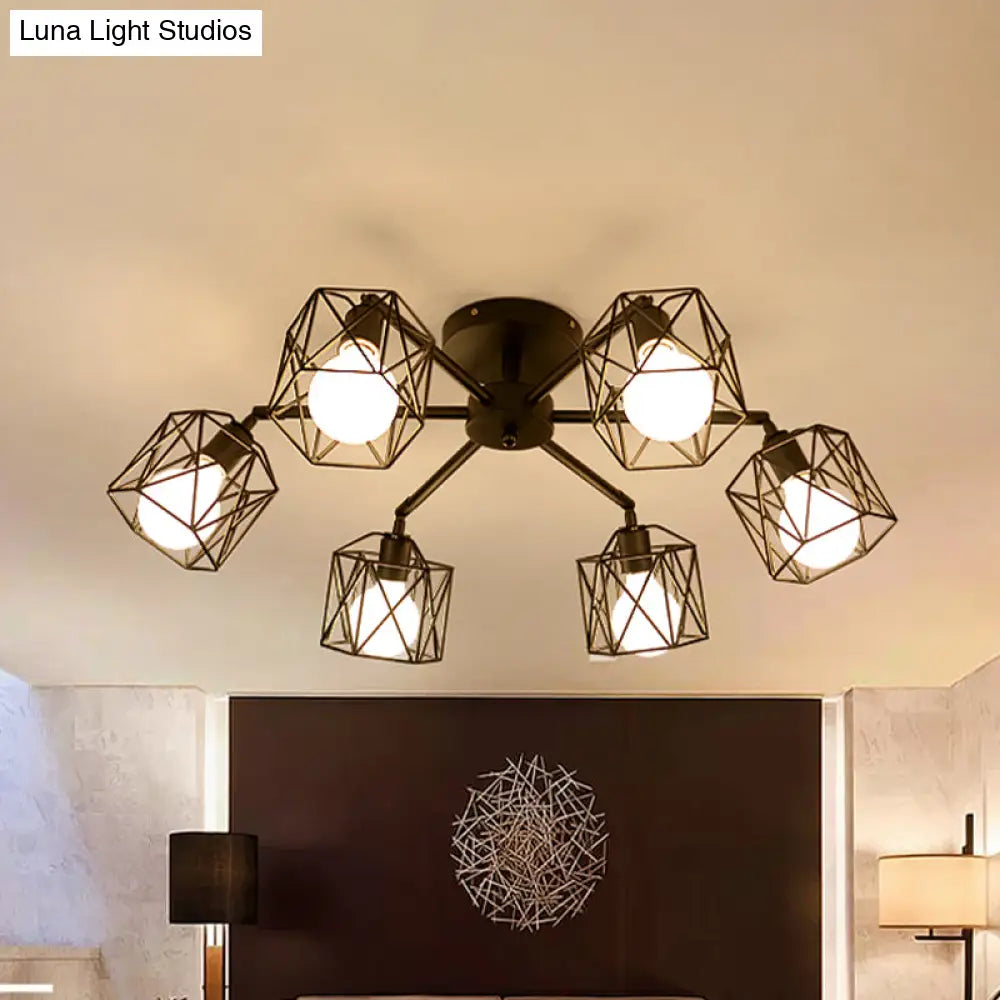 Hexagon Cage Metal Semi-Flush Mount Ceiling Light In Vintage Style - 6/8/10 Heads Black