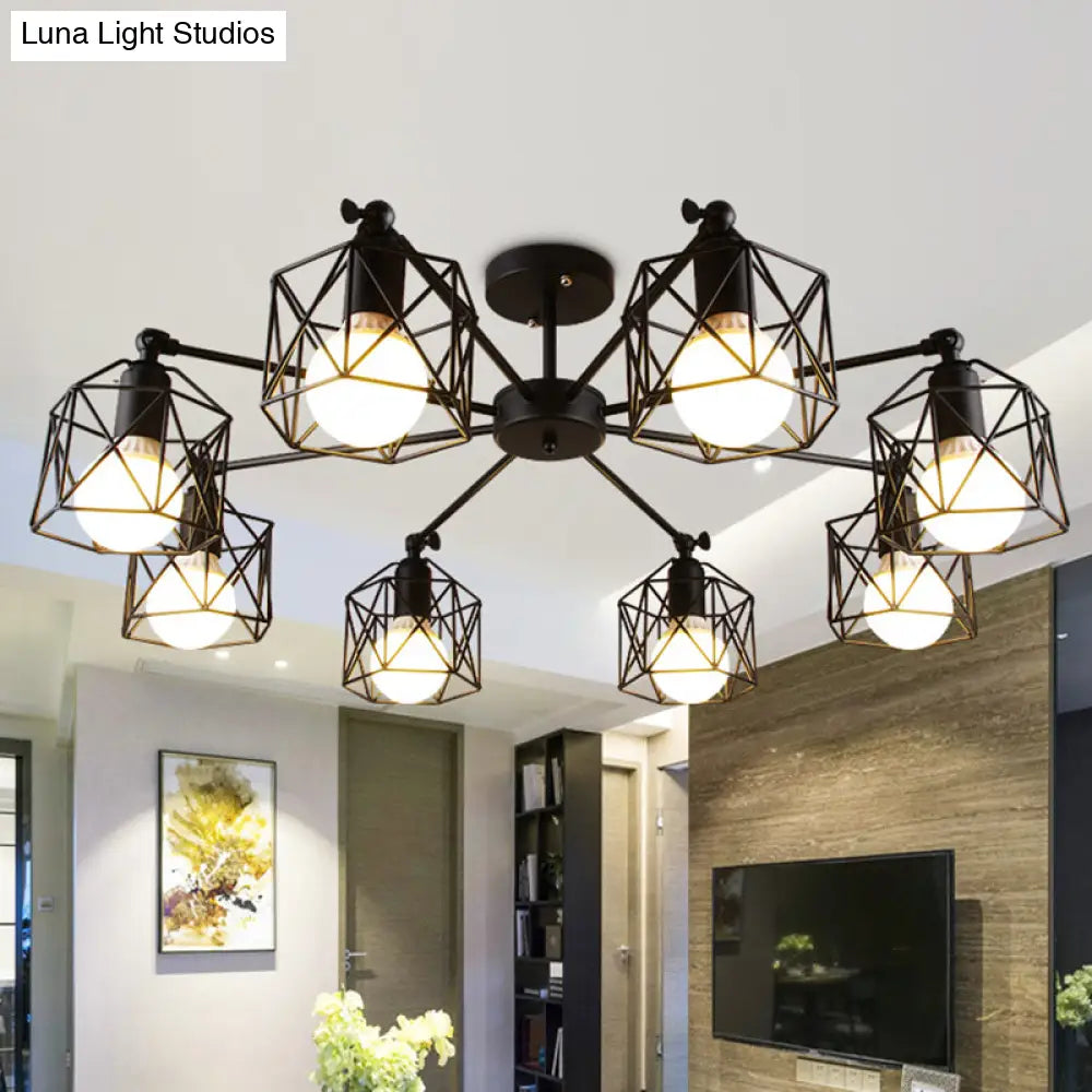 Hexagon Cage Metal Semi-Flush Mount Ceiling Light In Vintage Style - 6/8/10 Heads Black