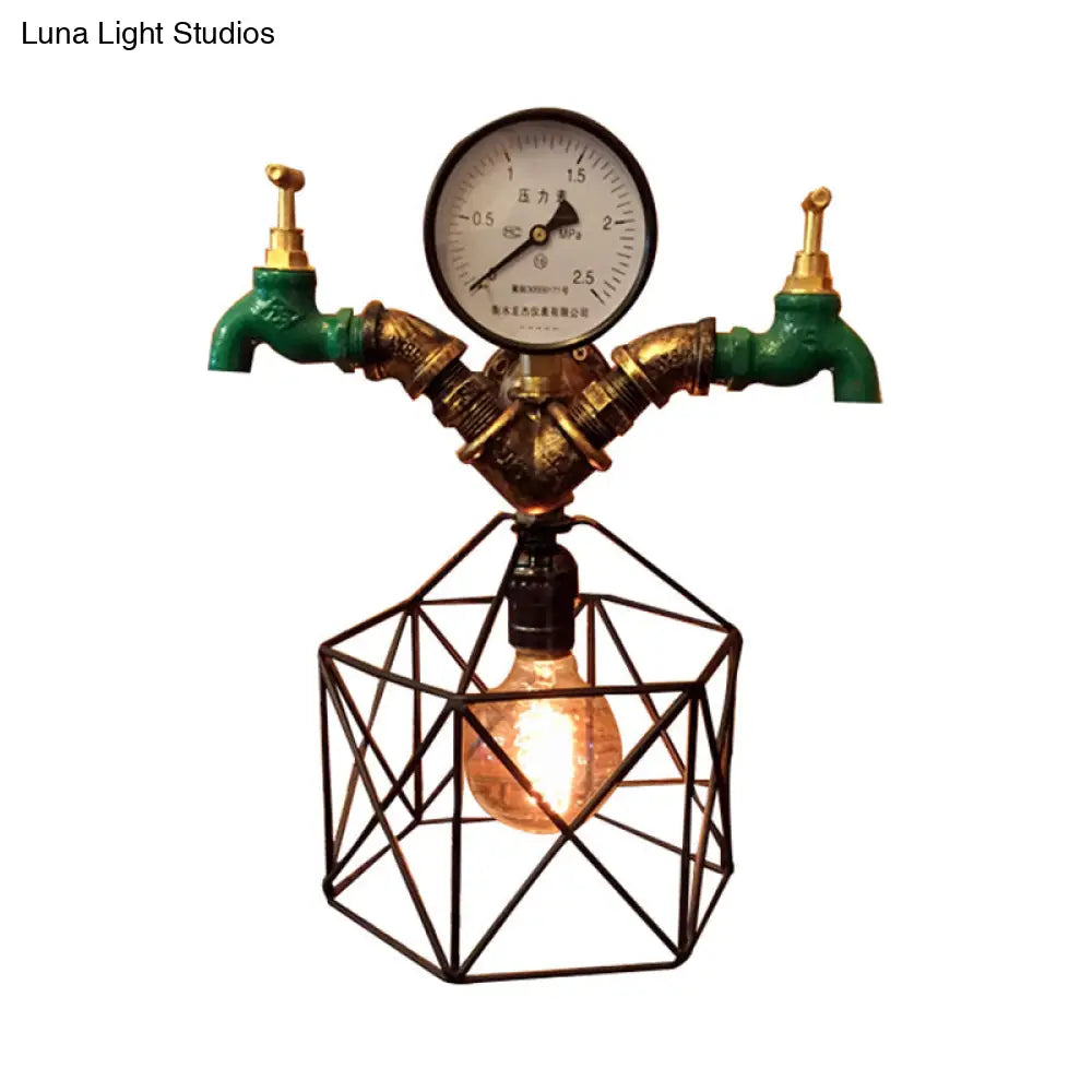 Hexagon Cage Wall Sconce: Antique Brass Metallic Industrial Light With Faucet And Gauge Deco