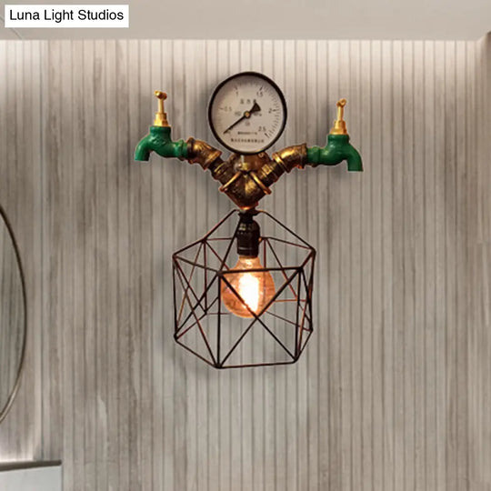 Hexagon Cage Wall Sconce: Antique Brass Metallic Industrial Light With Faucet And Gauge Deco