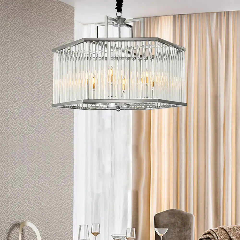 Hexagon Chrome Pendant Chandelier With Crystal - Modern Metal Hanging Lamp For Living Room