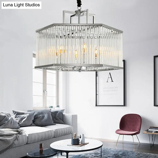 Hexagon Chrome Pendant Chandelier With Crystal - Modern Metal Hanging Lamp For Living Room