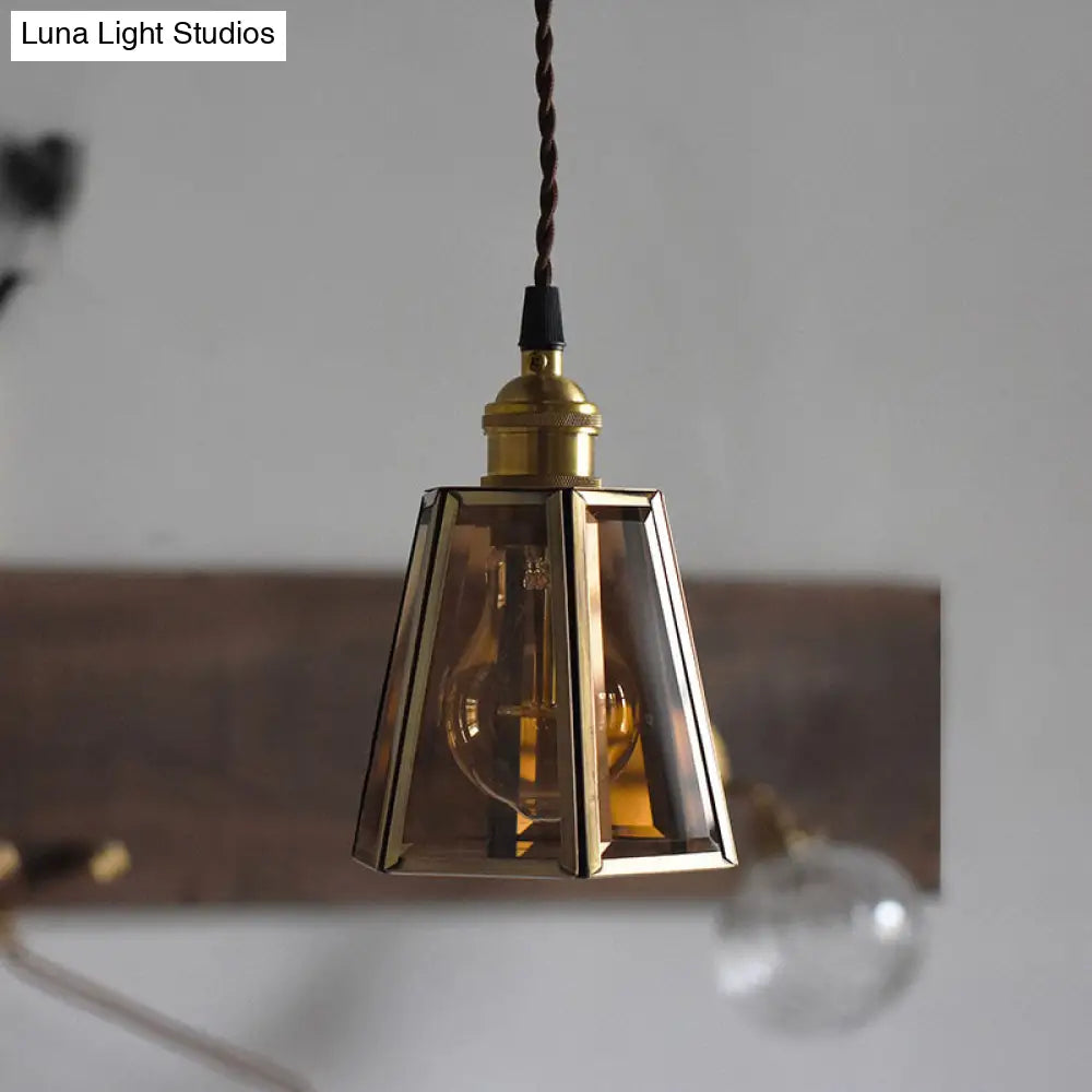 Hexagon Drop Pendant Light In Clear/Amber Glass - Antiqued Brass Finish 1 Head Bedside Hanging Lamp