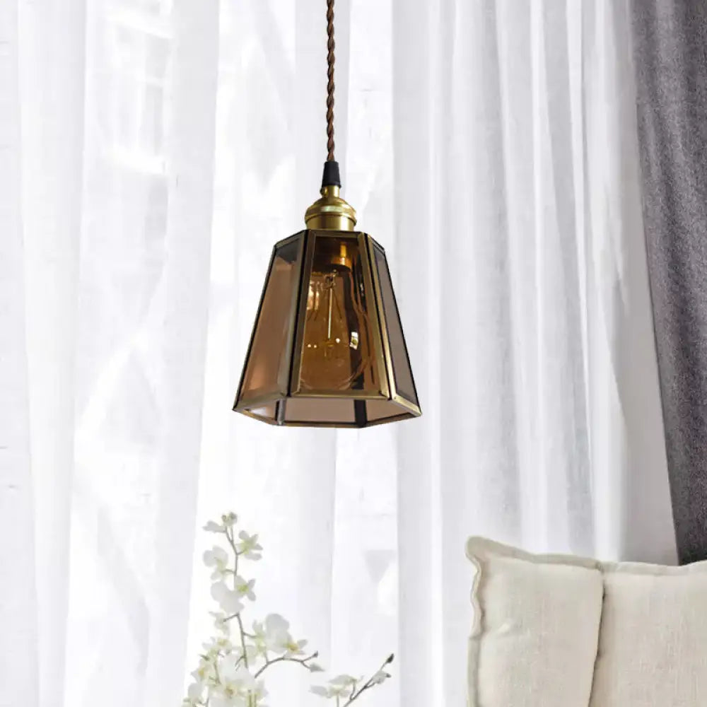 Hexagon Drop Pendant Light In Clear/Amber Glass - Antiqued Brass Finish 1 Head Bedside Hanging Lamp