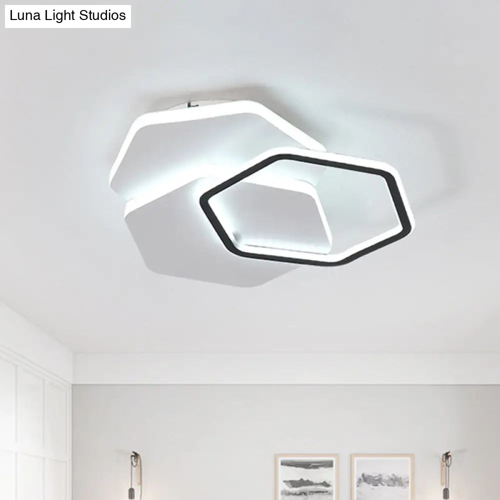 Hexagon Flush Mount Led Ceiling Lamp - Black And White Modernist Acrylic Fixture White/Warm Light