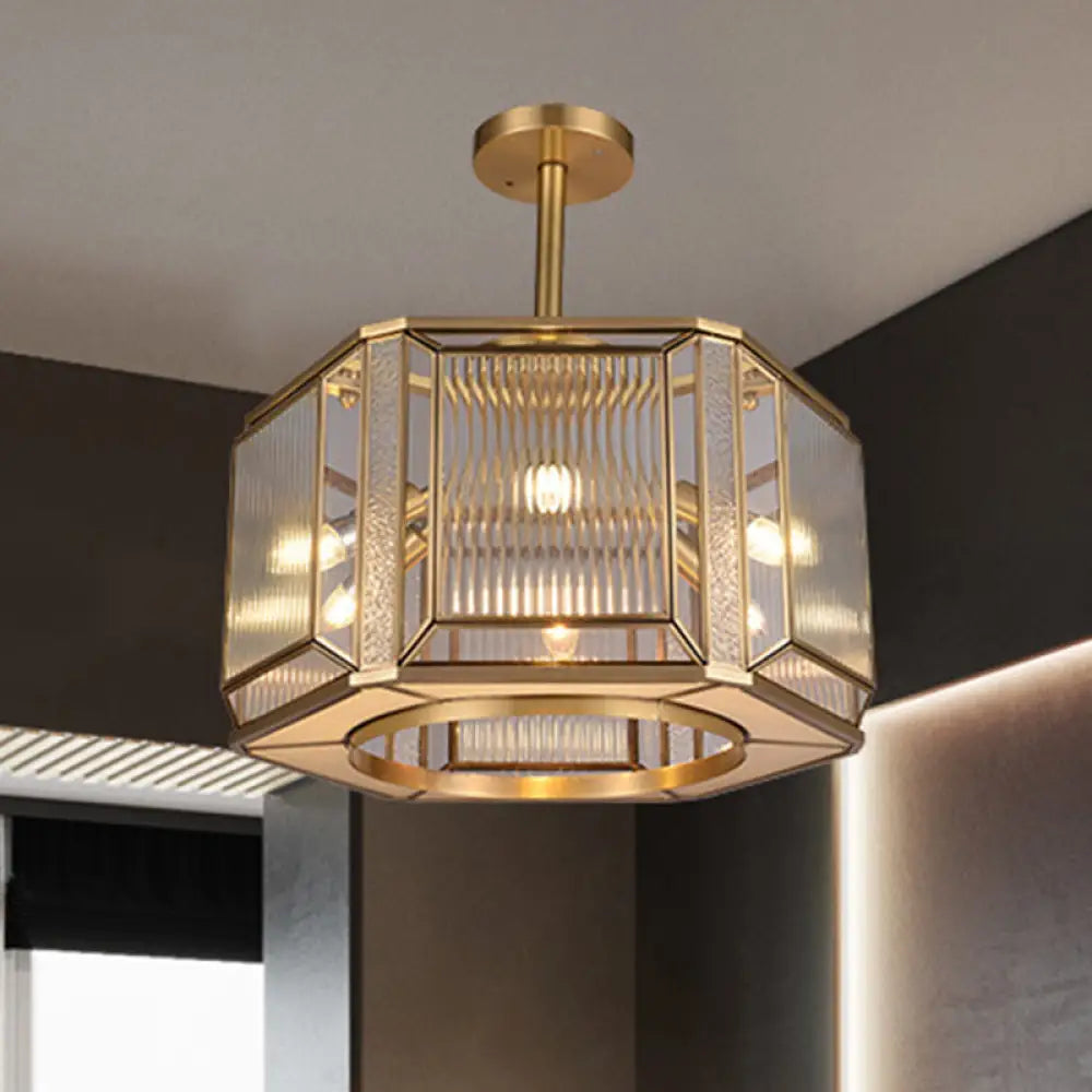 Hexagon Flush Mount Lighting With Clear Prismatic Glass - 6-Head Colonial Gold Finish