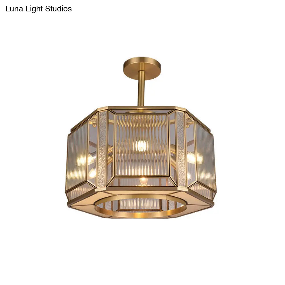 Hexagon Flush Mount Lighting With Clear Prismatic Glass - 6-Head Colonial Gold Finish