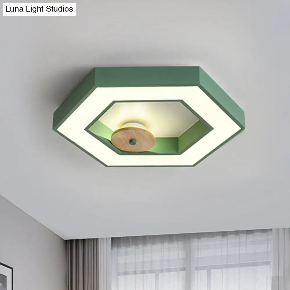 Hexagon Frame Metallic Led Macaron Flush Mount Ceiling Lighting In Green/Grey/Black And Wood For