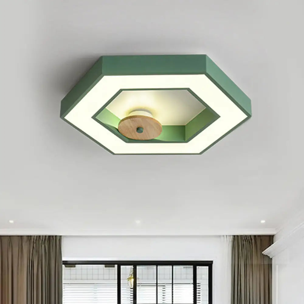 Hexagon Frame Metallic Led Macaron Flush Mount Ceiling Lighting In Green/Grey/Black And Wood For