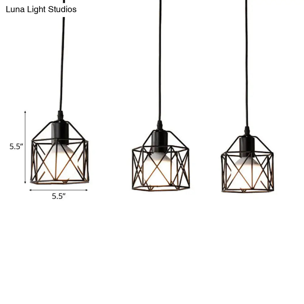 Metallic 3-Bulb Black Hexagon Pendant Light Farmhouse Style Kitchen Ceiling Fixture With Wire Cage