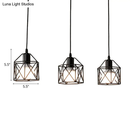 Metallic 3-Bulb Black Hexagon Pendant Light Farmhouse Style Kitchen Ceiling Fixture With Wire Cage