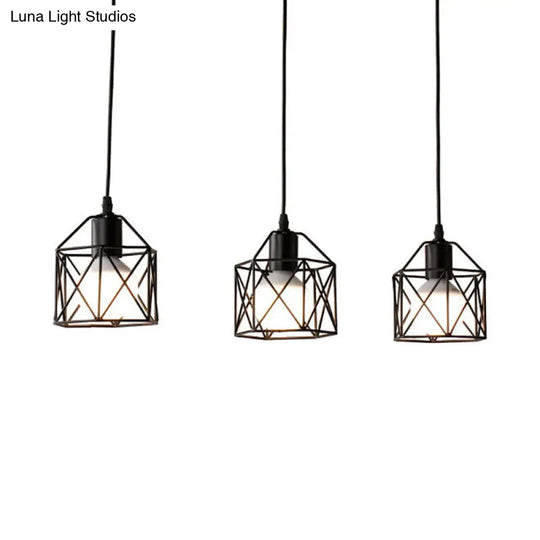 Metallic 3-Bulb Black Hexagon Pendant Light Farmhouse Style Kitchen Ceiling Fixture With Wire Cage