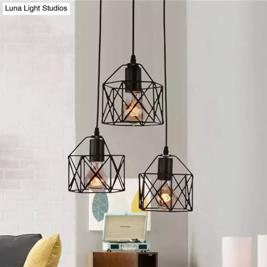 Metallic 3-Bulb Black Hexagon Pendant Light Farmhouse Style Kitchen Ceiling Fixture With Wire Cage