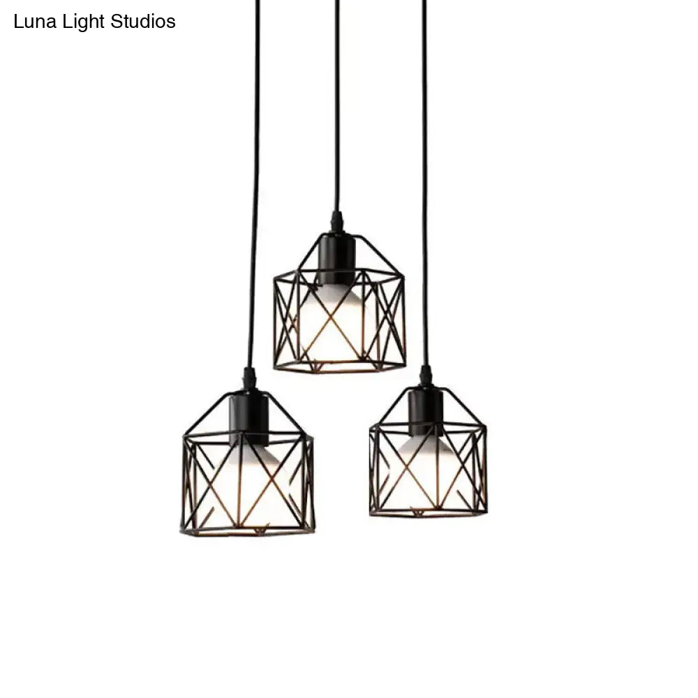 Metallic 3-Bulb Black Hexagon Pendant Light Farmhouse Style Kitchen Ceiling Fixture With Wire Cage