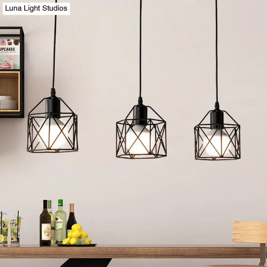 Metallic 3-Bulb Black Hexagon Pendant Light Farmhouse Style Kitchen Ceiling Fixture With Wire Cage /