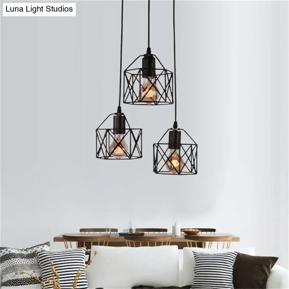 Metallic 3-Bulb Black Hexagon Pendant Light Farmhouse Style Kitchen Ceiling Fixture With Wire Cage /