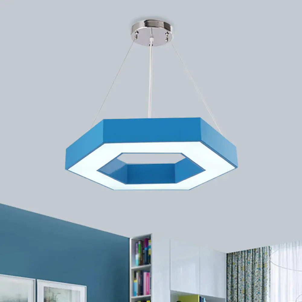 Hexagon Ring Led Chandelier In Vibrant Colors For Kindergarten Down Lighting Blue