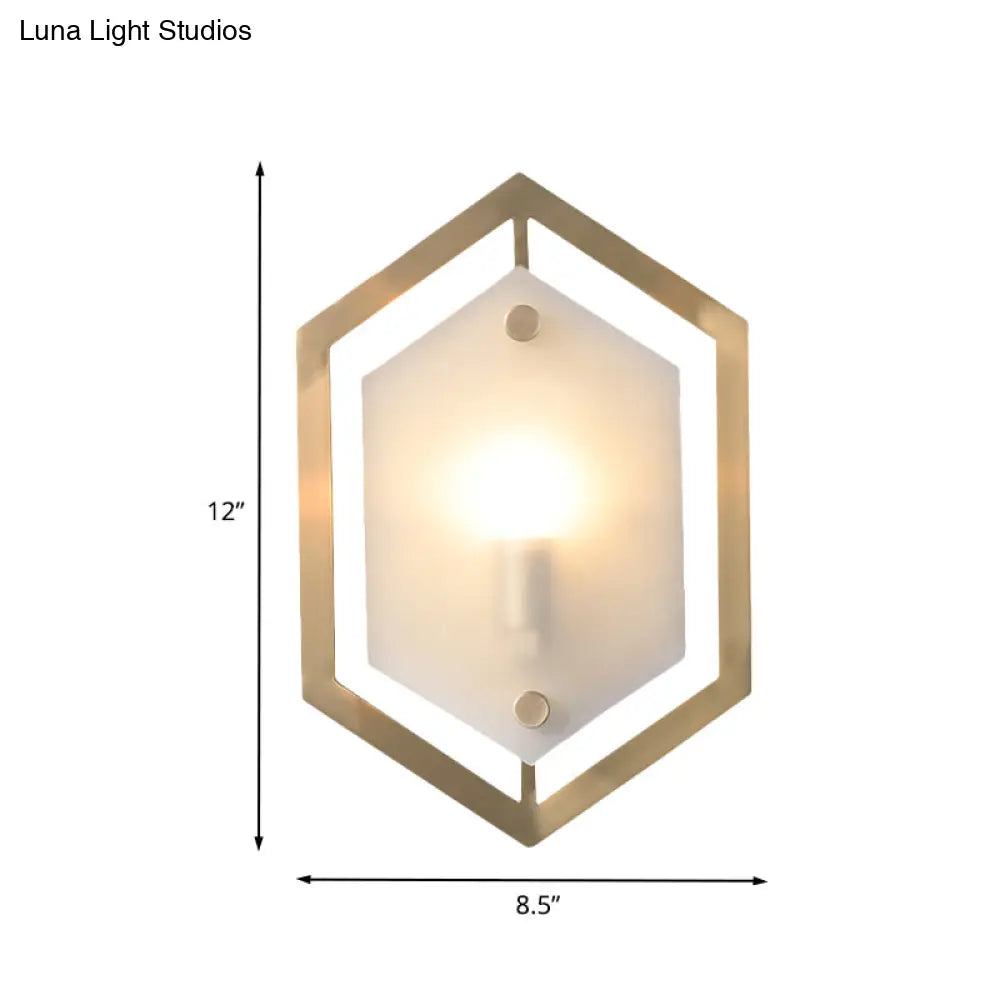 Hexagon Sconce Lighting: Postmodern Metallic 1-Bulb Brass Wall Lamp With Translucent Glass Shade