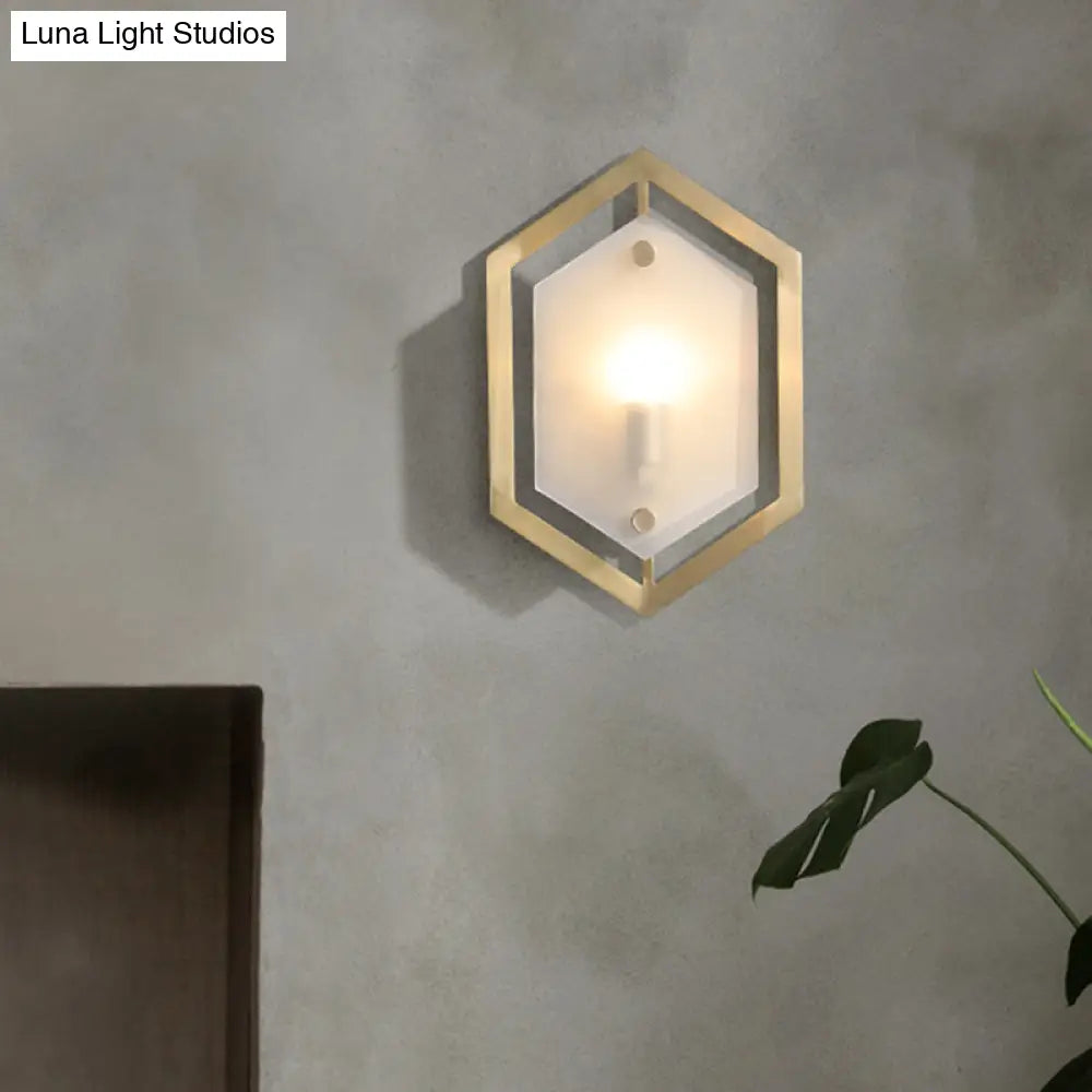 Hexagon Sconce Lighting: Postmodern Metallic 1-Bulb Brass Wall Lamp With Translucent Glass Shade