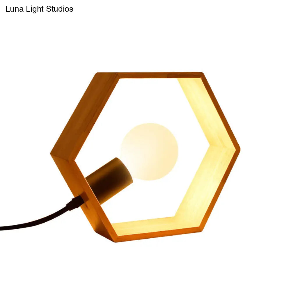 Hexagon Table Lamp With Lodge Style Wood Frame Shade - Stylish Bedside Lighting