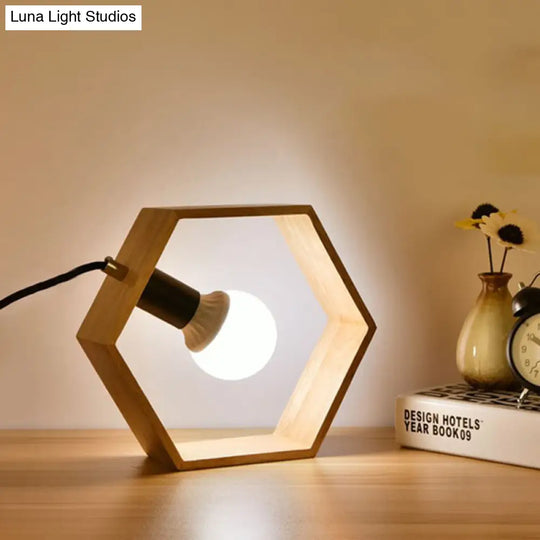 Hexagon Table Lamp With Lodge Style Wood Frame Shade - Stylish Bedside Lighting