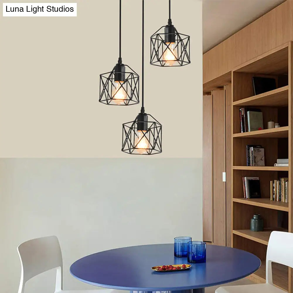 Hexagonal Cage Pendant Light With 3 Metal Shades - Perfect For Dining Room Ceiling