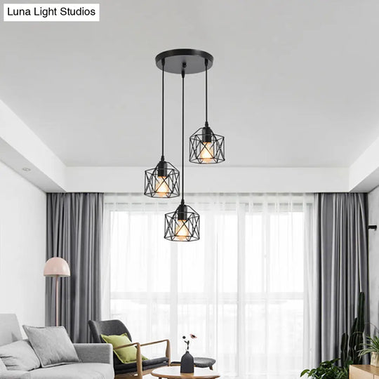 Hexagonal Cage Pendant Light With 3 Cluster Heads - Perfect For Dining Room Décor