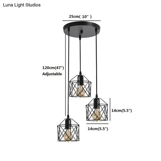 Hexagonal Cage Pendant Light With 3 Cluster Heads - Perfect For Dining Room Décor Black