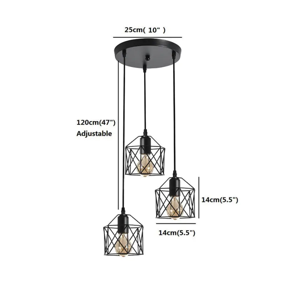 Hexagonal Cage Pendant Light With 3 Metal Shades - Perfect For Dining Room Ceiling Black
