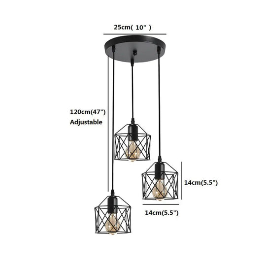 Hexagonal Cage Pendant Light With 3 Metal Shades - Perfect For Dining Room Ceiling Black