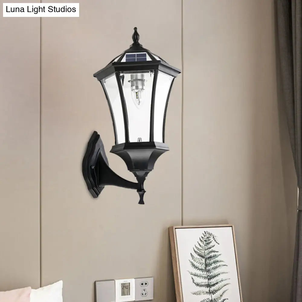 Hexagonal Corridor Wall Sconce With Clear Glass And Solar-Powered Black Bulb