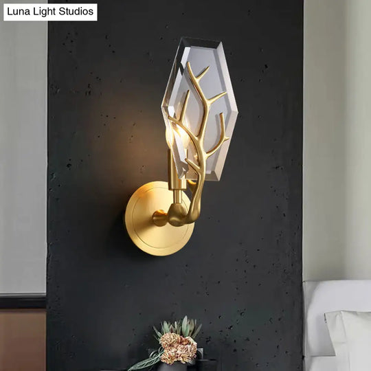 Hexagonal Crystal Wall Lamp - Artistic Single Fixture In Brass For Living Room