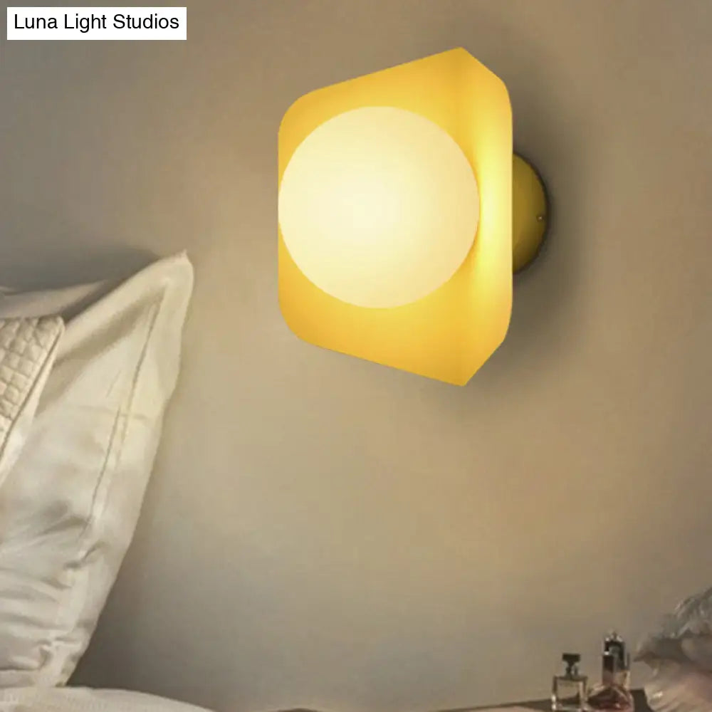 Hexagonal Metal Wall Sconce With Opaline Glass Shade - Single Mount Light