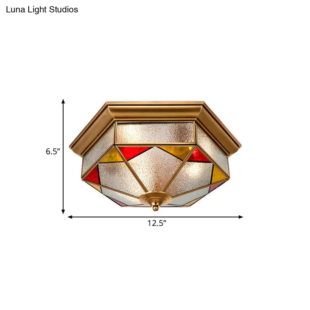 Hexagonal Red Bubble Glass Flush Mount Lamp For Bedroom - 2/3 Heads 12.5/19 W