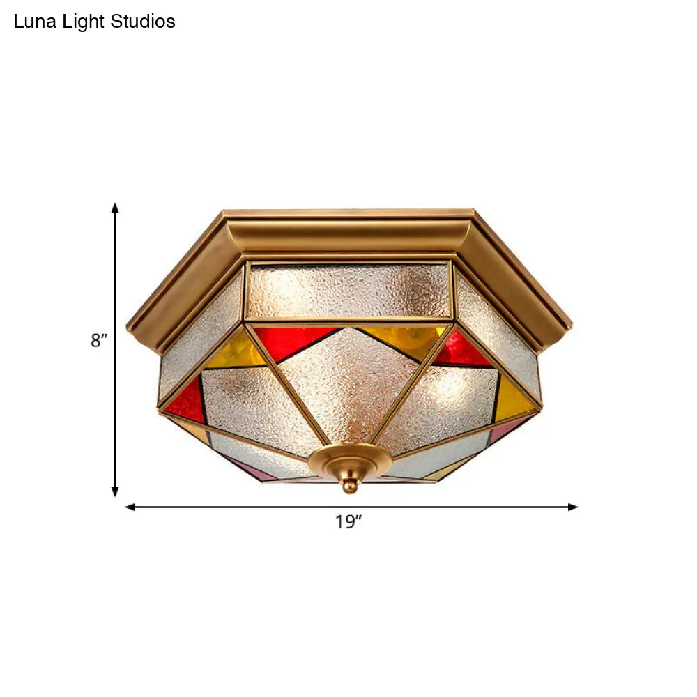 Hexagonal Red Bubble Glass Flush Mount Lamp For Bedroom - 2/3 Heads 12.5/19 W