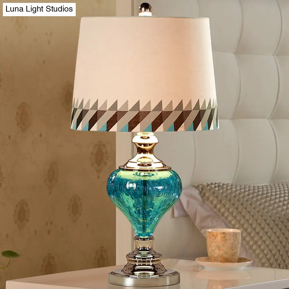 Retro Style Blue Glass Nightstand Lamp With Fabric Shade - 1 Light Bedside Table