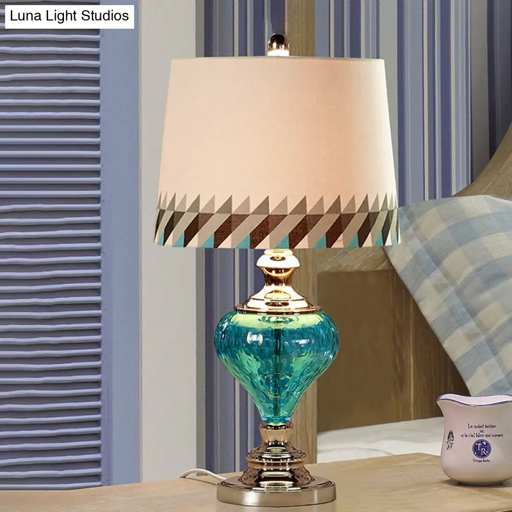 Retro Style Blue Glass Nightstand Lamp With Fabric Shade - 1 Light Bedside Table