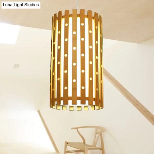 Hollow Bamboo Cylinder Ceiling Light: Modern Beige Hanging Lamp For Living Room Single Bulb