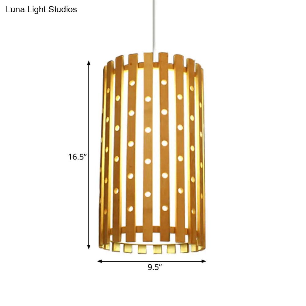 Hollow Bamboo Cylinder Ceiling Light: Modern Beige Hanging Lamp For Living Room Single Bulb