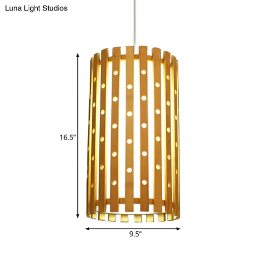 Hollow Bamboo Cylinder Ceiling Light: Modern Beige Hanging Lamp For Living Room Single Bulb