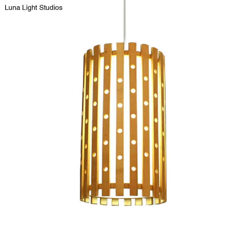 Hollow Bamboo Cylinder Ceiling Light: Modern Beige Hanging Lamp For Living Room Single Bulb