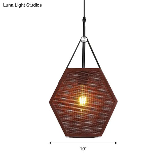 Hollow Hexagon Shape Hanging Lamp - Industrial Metallic Pendant Light For Restaurant (Brown 1 Head)