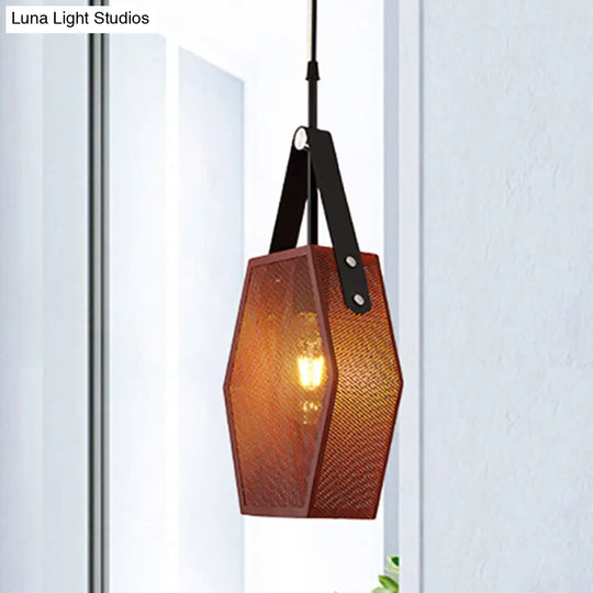 Hollow Hexagon Shape Hanging Lamp - Industrial Metallic Pendant Light For Restaurant (Brown 1 Head)