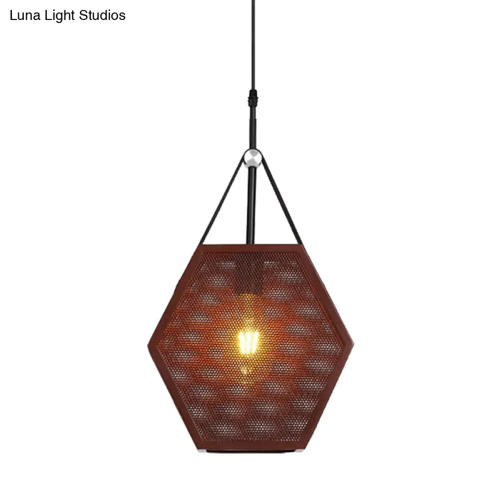 Hollow Hexagon Shape Hanging Lamp - Industrial Metallic Pendant Light For Restaurant (Brown 1 Head)