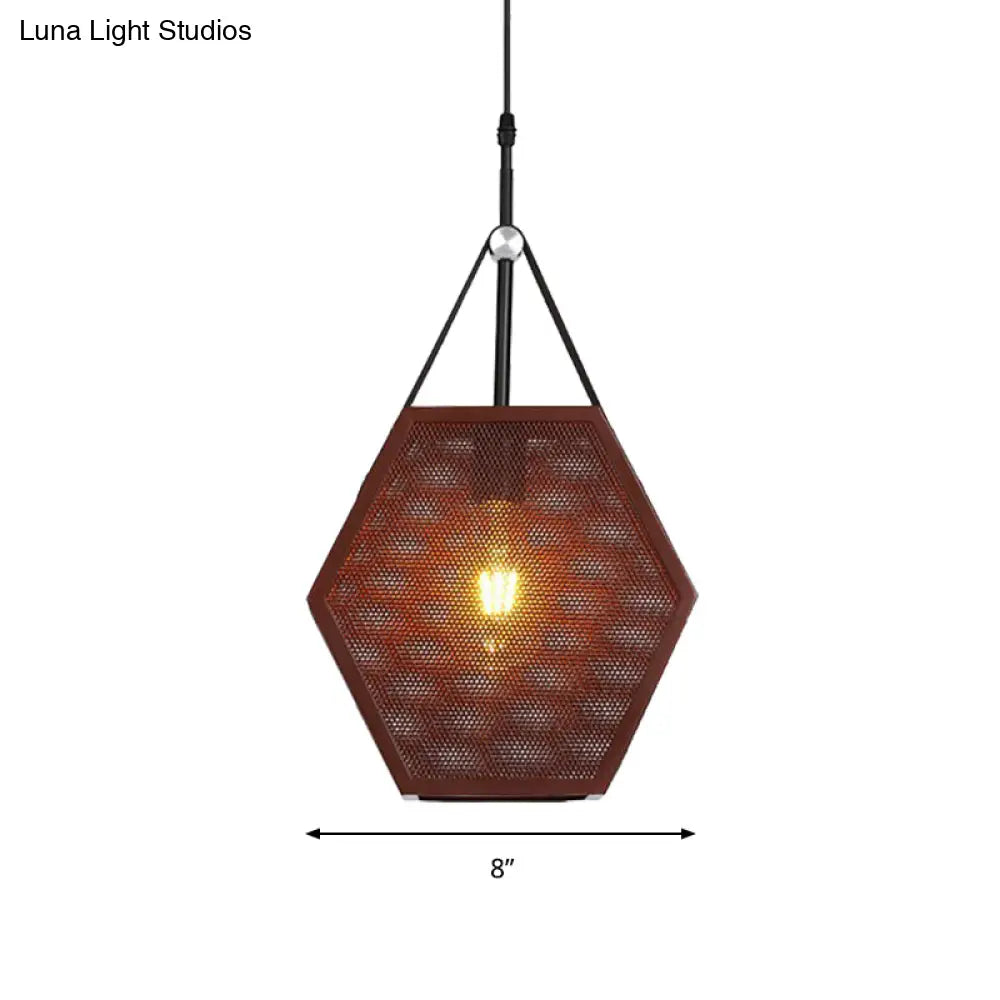 Hollow Brown Hexagon Hanging Lamp - Industrial Pendant Light For Restaurants